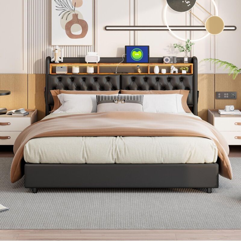 Lit coffre 180x200 cm, Lit double adulte avec éclairage LED RGB et station de charge (USB + Type-C), Cuir artificiel PU, Noir