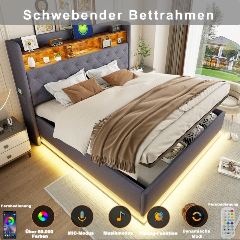 Lit coffre 160x200 cm, lit double adulte rembourré, led + port de charge usb, lin, sans matelas, gris