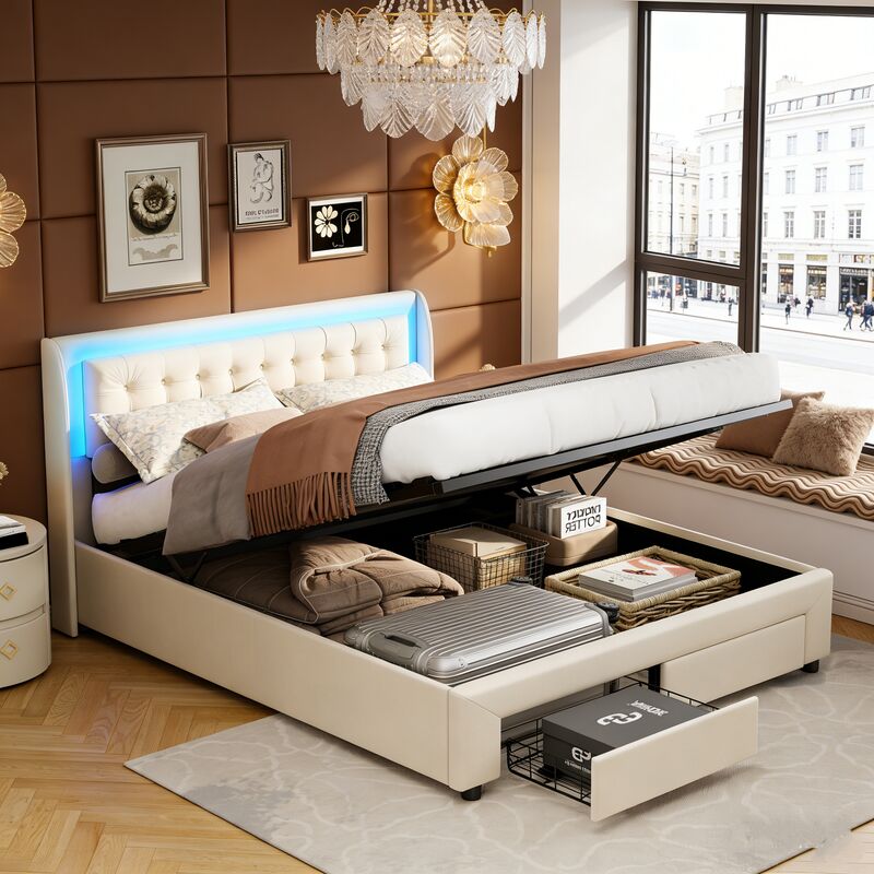 Lit coffre 180x200 cm, lit double avec 2 tiroirs et éclairage led, cadre de lit 2 places avec sommier à lattes, velours, beige