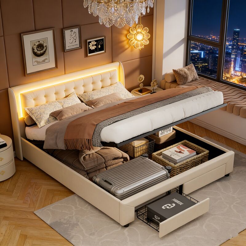 Lit coffre 140x190 cm, lit double avec 2 tiroirs et éclairage led, cadre de lit 2 places avec sommier à lattes, velours, beige