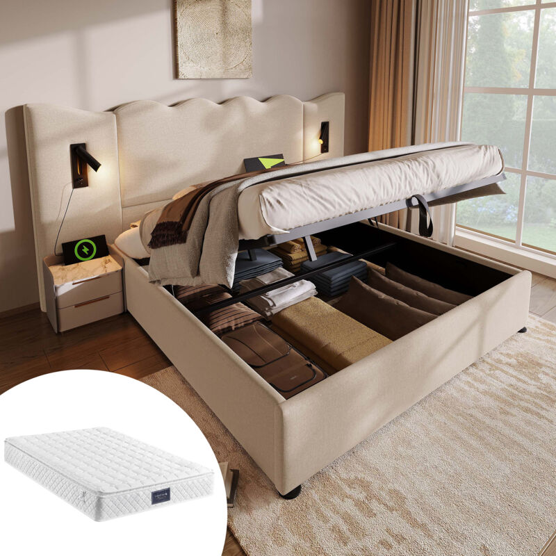 Wishdor - Lit coffre 160x200 cm, lit double capitonné avec lampe de lecture et fonction de charge usb Type-C, beige, lin, matelas inclus