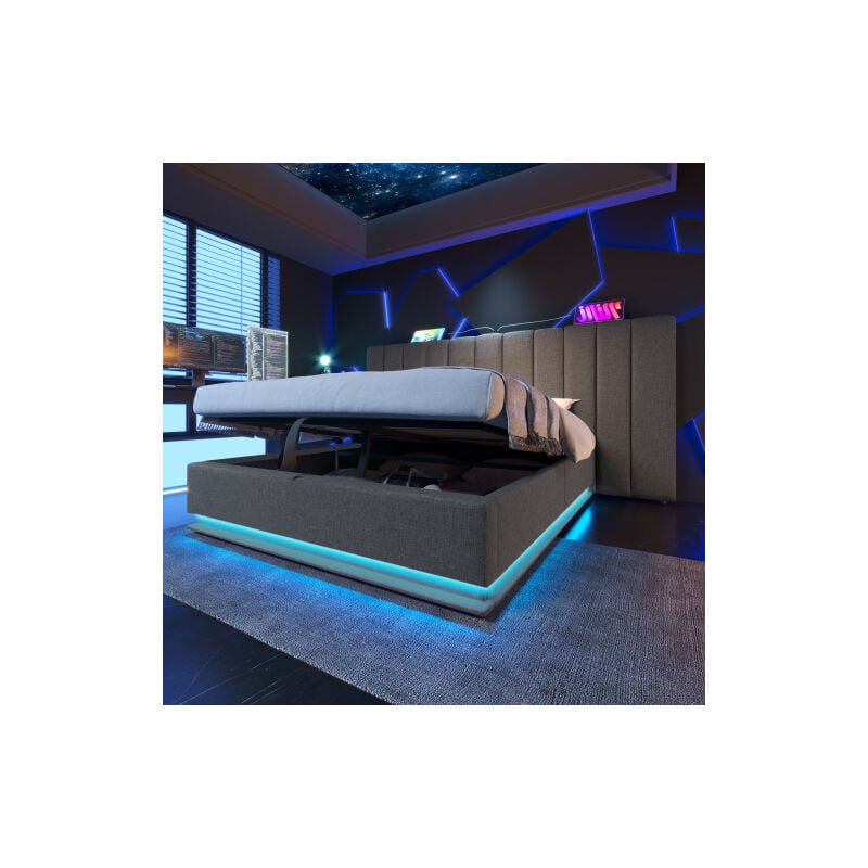 Lit coffre 180x200 cm, lit double capitonné avec LED et charge USB-C, sommier à lattes inclus, lin, gris, sans matelas et table de chevet