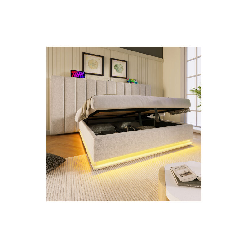 Wishdor - Lit coffre 160x200 cm, lit double capitonné avec led et charge usb-c, sommier à lattes inclus, lin, beige, sans matelas et table de chevet