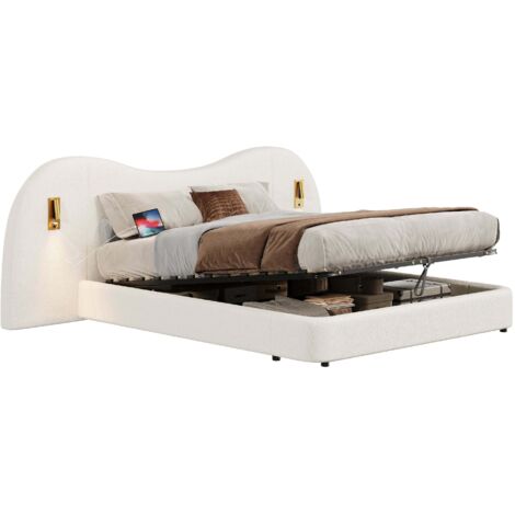 Lit coffre 180x200 cm, lit double, lit fonctionnel hydraulique, avec port de chargement USB et lampe de lecture, lit avec sommier à lattes, tête de lit et grand coffre de rangement, tête de lit rembou