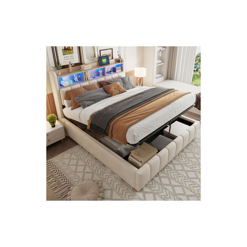 Lit coffre 180x200 cm, lit double moelleux avec éclairage LED, prise USB et étagères de rangement, tissu en lin, blanc, sans matelas