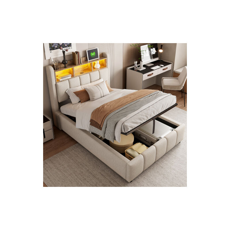 Lit coffre 90x200 cm, lit simple moelleux avec éclairage LED, prise USB et étagères de rangement, tissu en lin, blanc, sans matelas