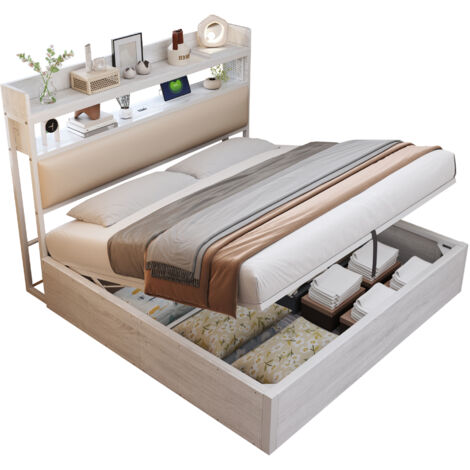 Lit coffre 180x200 cm métal et bois blanc, tête de lit rembourrée avec rangements et ports USB, sommier à lattes inclus