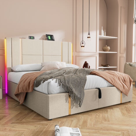 Lit coffre 180x200 cm rembourré en tissu de lin - avec LED et fonction de recharge - avec sommier à lattes - Beige