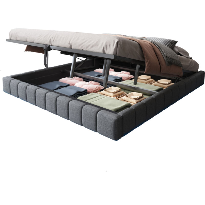 Lit coffre 180x200 cm rembourré en tissu lin gris, cadre métal, sans tête de lit, LED multicolore