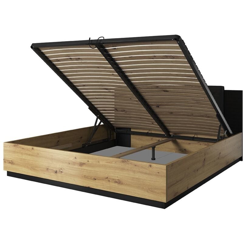 Meublorama - Lit coffre 180x200 coloris chêne clair et noir collection fox.