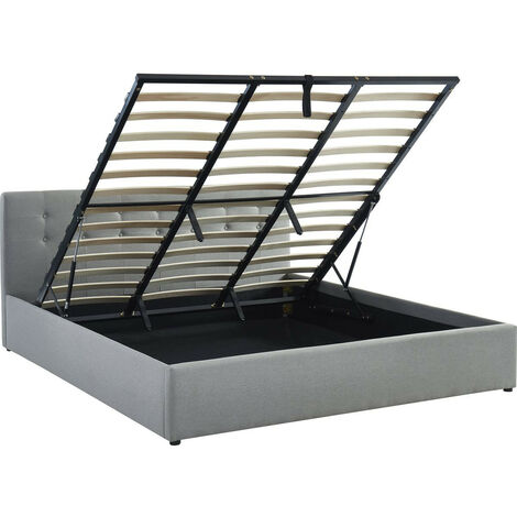 Lit coffre 180x200 en tissu gris clair avec tête de lit et sommier à lattes - Tina