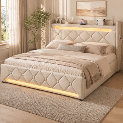 Lit coffre 180x200 - grand lit double avec rangement 3 niveaux, LED 360°, 3 USB + USB-C, lin - beige