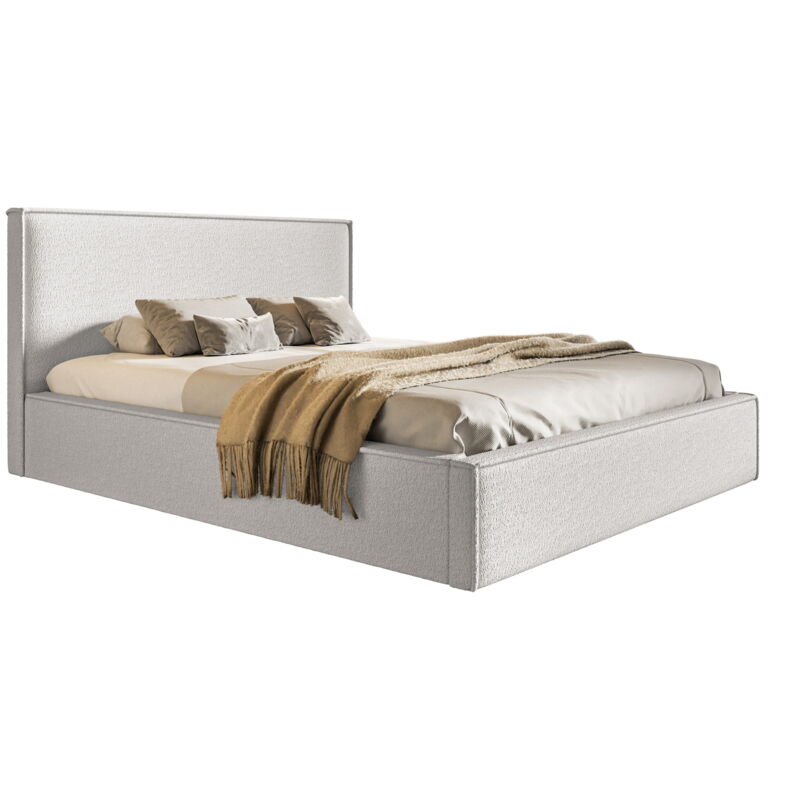 Lit coffre 160x200 Kyoto avec Rangement - Lit Rembourré avec tissu bouclé, Sommier à Lattes - Crème (Anthology 1)