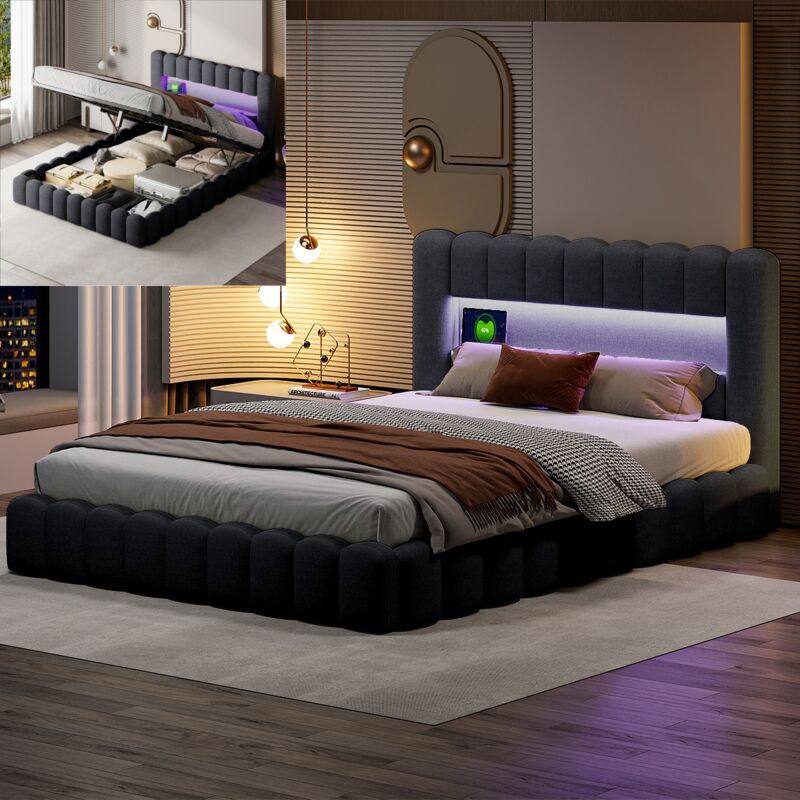 Lit coffre 140x200, lit 140x200 avec sommier, lit adulte, lit double, lit capitonné, avec éclairage LED réglable, USB + Type-C, lin, gris foncé