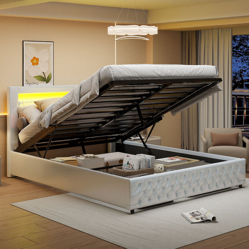 Lit coffre 160x200, lit 160x200, lit adulte, tête de lit avec lumières led réglables, lit capitonné avec sommier à lattes, PU,blanc