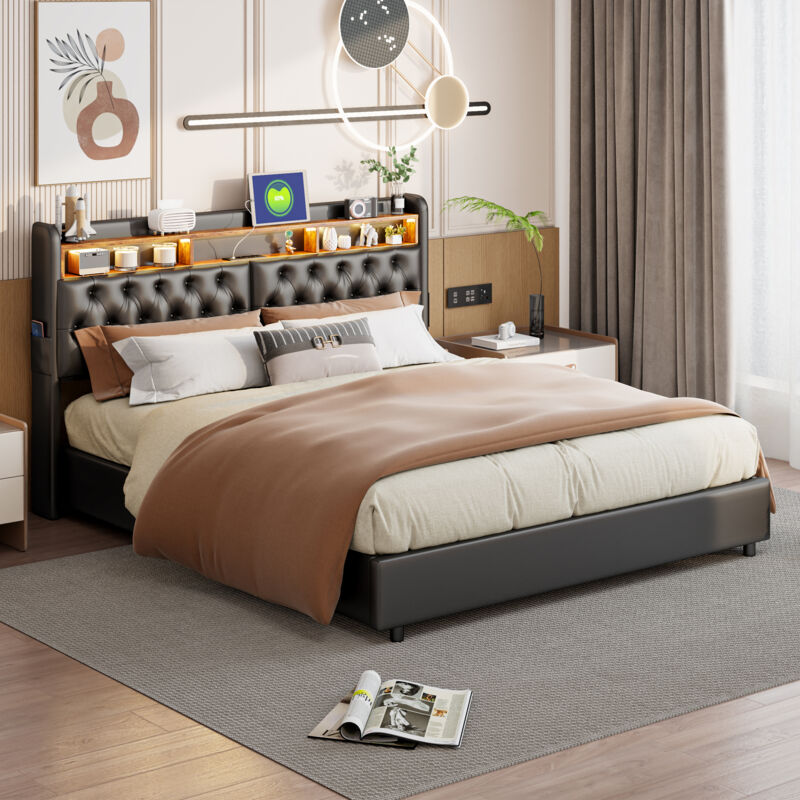 Blanketswarm - Lit coffre 180x200, lit capitonné 180x200, lit double avec sommier, lit adulte avec lumière led et chargement usb, tête de lit