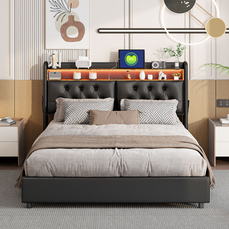 Lit coffre 160x200, lit capitonné 160x200, lit double avec sommier, lit adulte avec lumière LED et chargement USB, tête de lit capitonnée avec espace