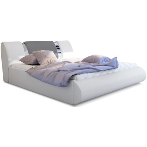 Lit coffre 180x200 simili blanc-gris et métal chromé Flavien