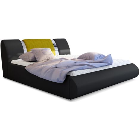 Lit coffre 180x200 simili noir-tissu jaune et métal chromé Flavien