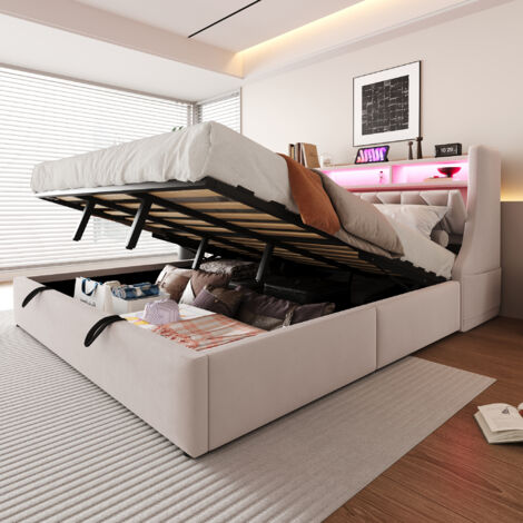 Lit coffre 180x200 velours beige, hydraulique, LED, tête de lit rabattable avec rangement et prises