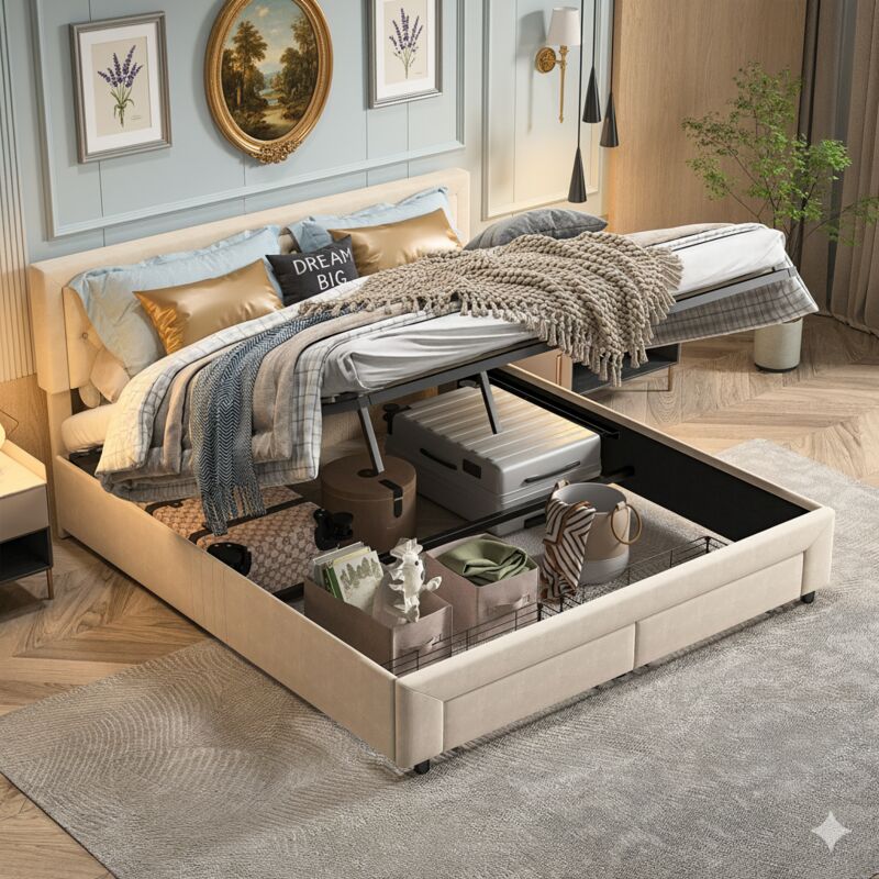 Lit coffre 160x200cm - avec 2 tiroirs, sommier et tête de lit avec designe boutonnage - scandinave - velours - beige