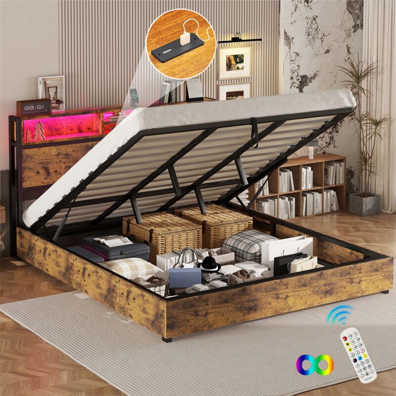 Lit coffre 180x200 cm, avec éclairage led, hydraulique de rangement, usb fonction de charge, sommier à lattes, cadre en métal, lit adulte - Marron