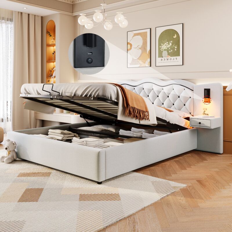 Lit coffre 180x200 cm, avec lampes, 2 tiroir, hydraulique de rangement, ports usb, sommier à lattes, cadre en métal, lit capitonné en lin - Beige