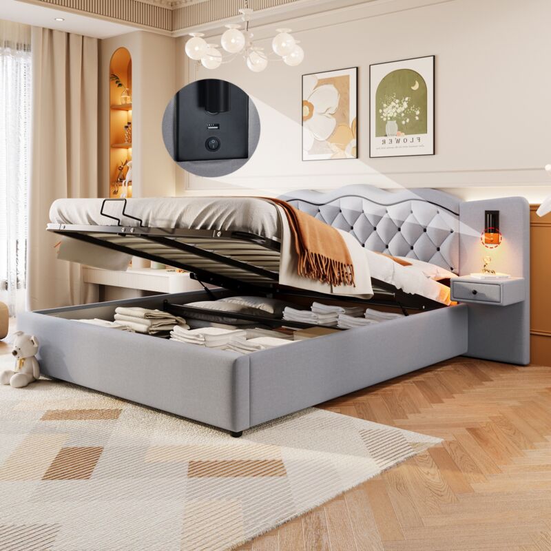 Lit coffre 180x200 cm, avec lampes, 2 tiroir, hydraulique de rangement, ports USB, sommier à lattes, cadre en métal, lit capitonné en lin - Gris