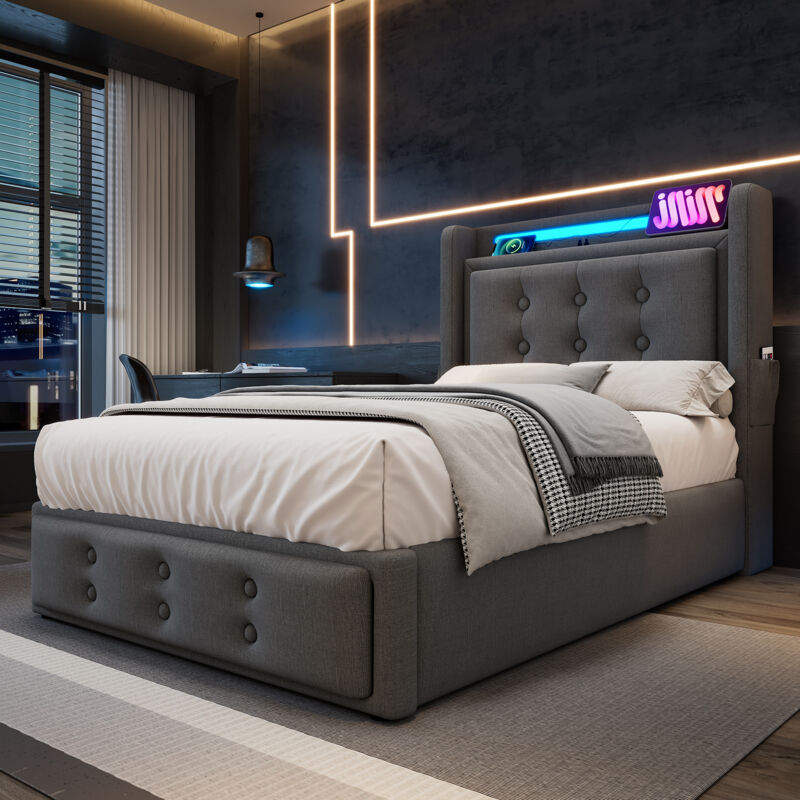 Lit coffre 90x200cm en tissu lin - avec LED et Ports de recharge - Gris