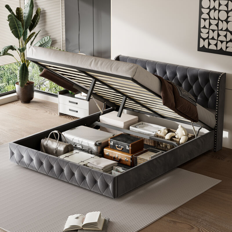 Blanketswarm - Lit coffre 180x200cm, Lit adulte 180 x 200 avec sommier à lattes, Lit double capitonné avec rangement, levier hydraulique, rivets tete