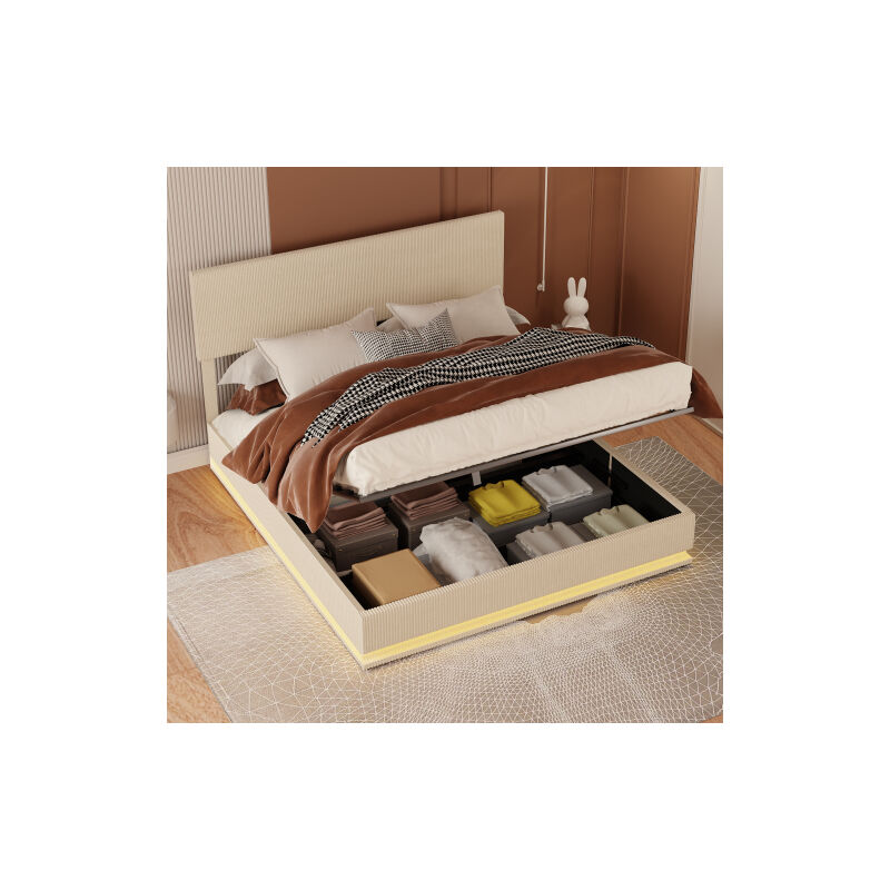 Wishdor - Lit coffre 180x200cm, lit adulte avec led, port usb, tissu à rayures en velours, sans matelas, beige