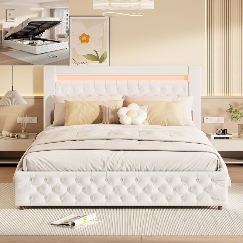 Lit coffre 160x200cm - Lit de rangement avec sommier à lattes + tête de lit led style classique - en pu Blanc