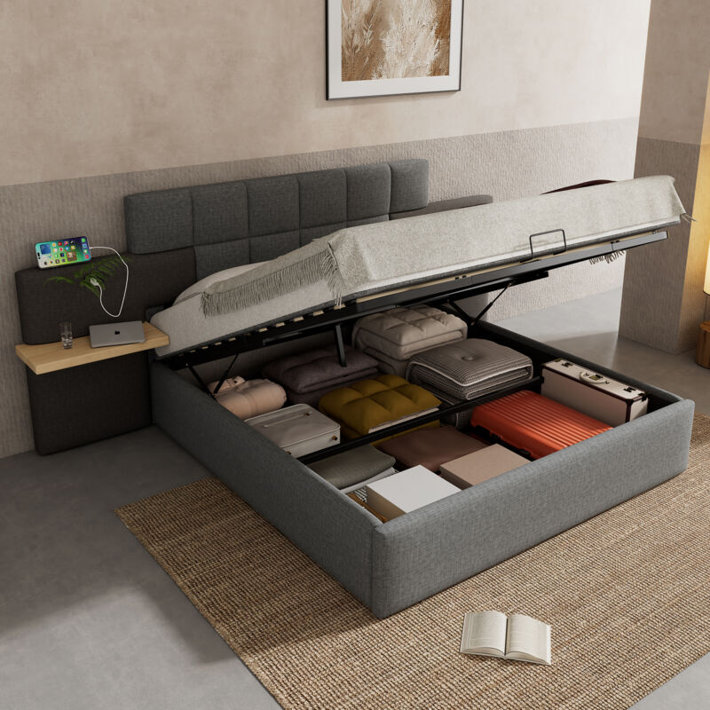 Lit coffre 180x200cm, lit double adulte, tête de lit allongée avec étagère, usb, lin, sans matelas, gris + noir