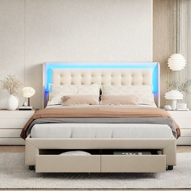 Lit coffre 160x200, lit double capitonné avec tiroirs, lit adulte led avec rangement hydraulique, sommier à lattes, éclairage led orientable, Velours