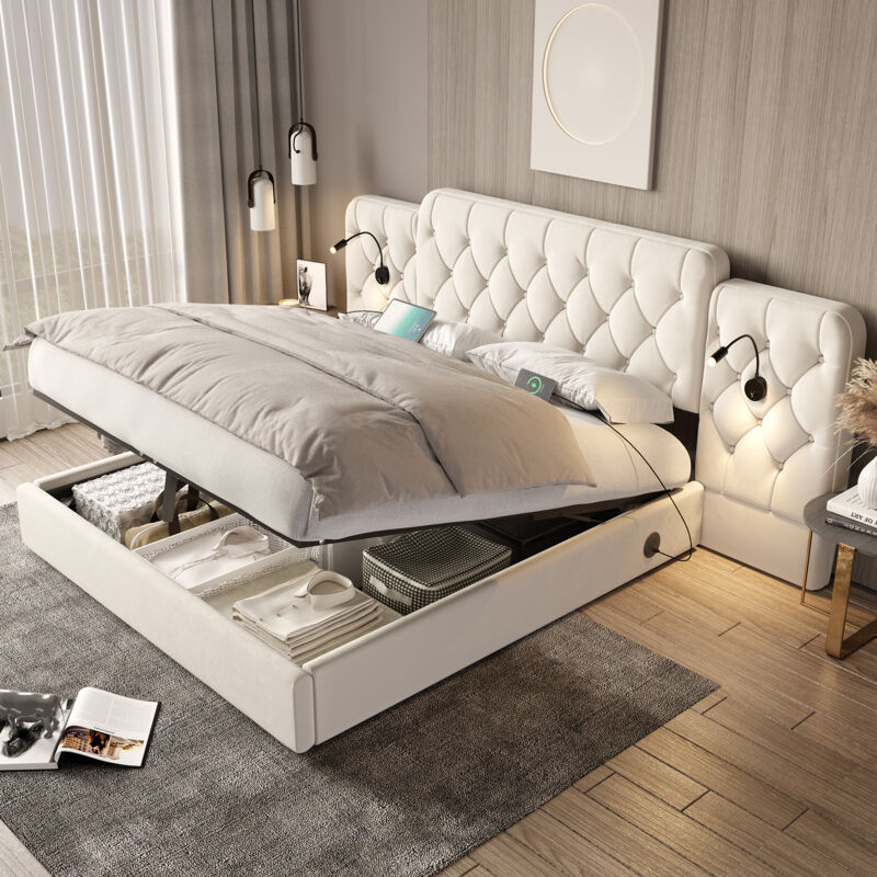 Lit coffre 160x200cm, lit double rembourré, deux côtés usb + liseuse, tête de lit élargie, hydraulique, sans matelas, velours, beige