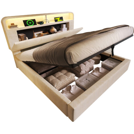 Lit coffre 180x200cm Lit rembourré avec tête de lit rangement réglable et mécanisme hydraulique - Éclairage LED - charge USB-Type-C - Velours  - beige