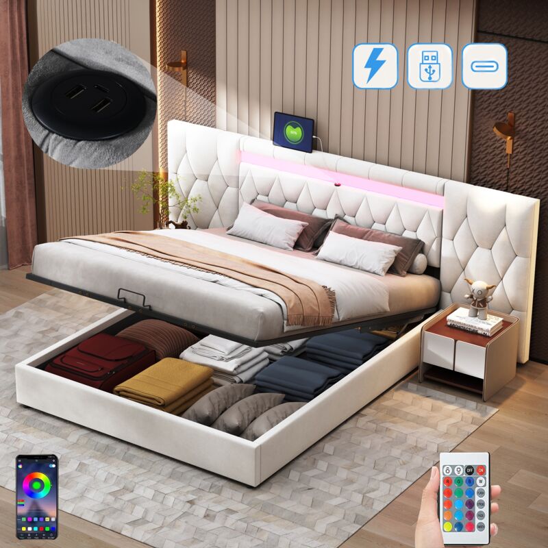 Lit coffre 180x200 cm velours, avec led tête de lit et dossier prolongés, hydraulique de rangement, sommier à lattes en bois, cadre en métal - Beige