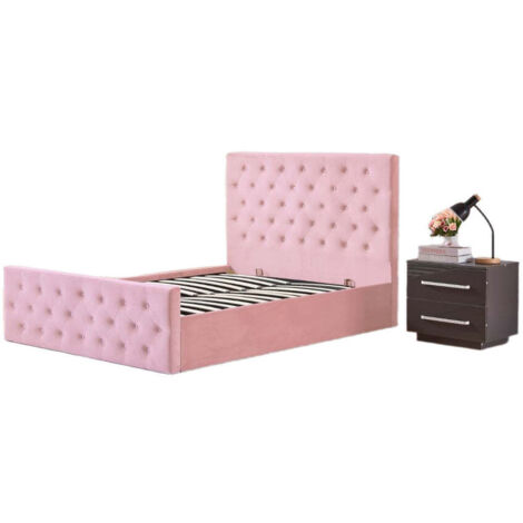 Homy France – Lit coffre 2 places 160x200 cm – Velours rose capitonné – Sommier à lattes relevable – Espace de rangement intégré
