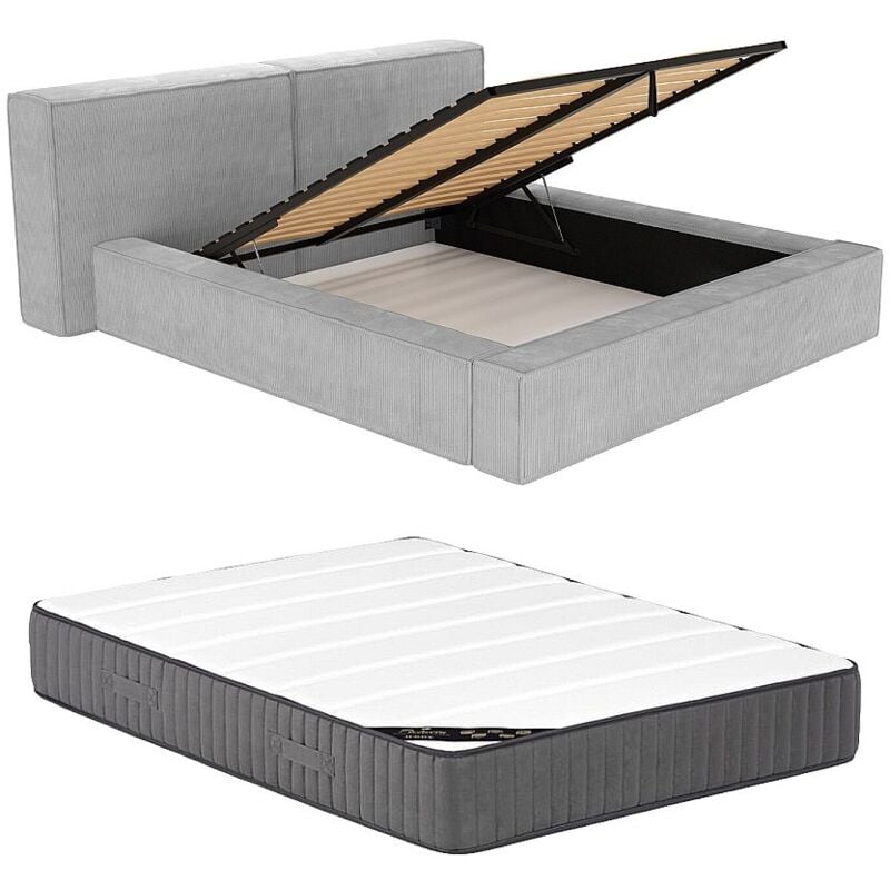 Lit coffre 200 x 200 cm - Velours côtelé - Gris clair + Matelas - timano de Pascal Morabito
