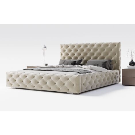 Lit coffre 200 x 200 Paris - Tête de lit Chesterfiled, tissu velours, lit avec rangement - lit adulte 200x200 Beige (Magic Velvet 2201)