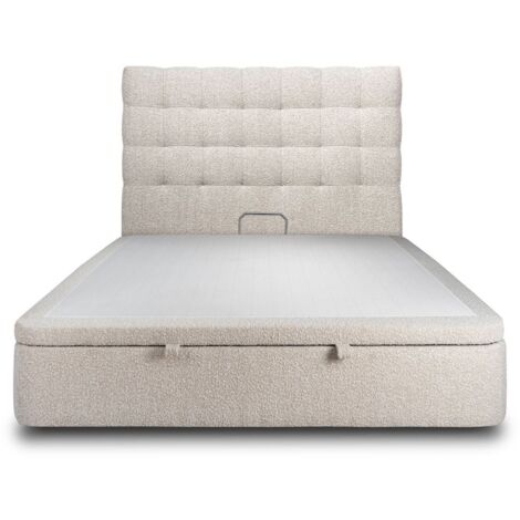 Lit coffre 200x200cm avec tête de lit capitonnée Bouclette Beige - Hauteur totale : 39cm