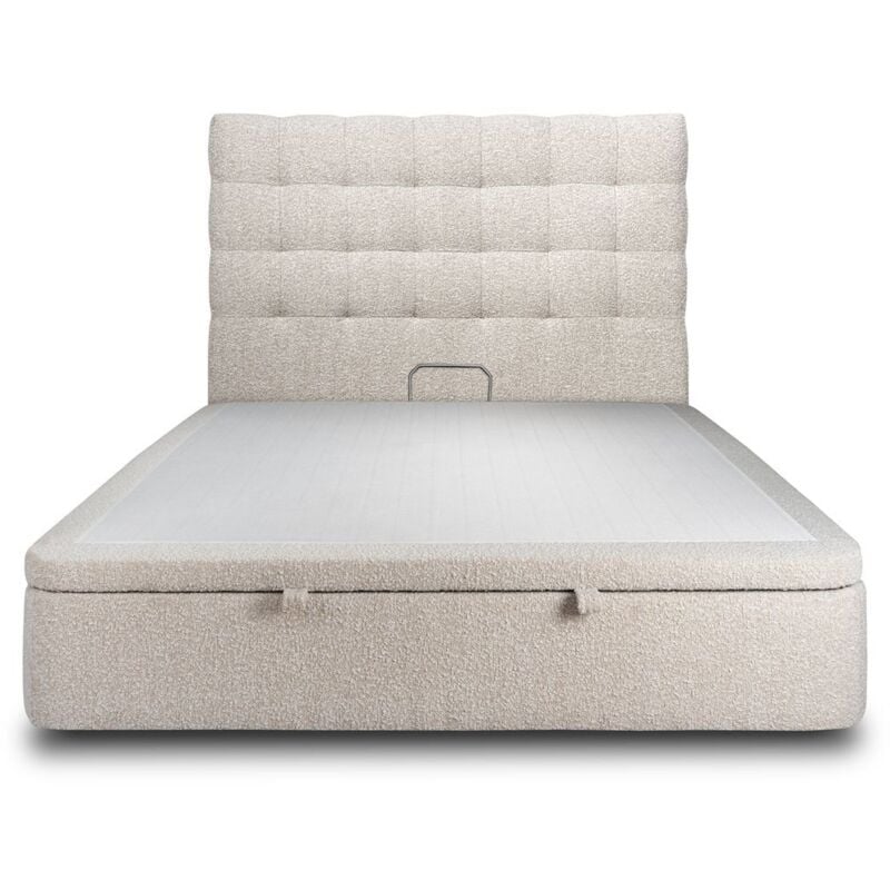 Sommeil De Plomb - Lit coffre 160x200cm avec tête de lit capitonnée Bouclette Beige - Hauteur totale : 39cm