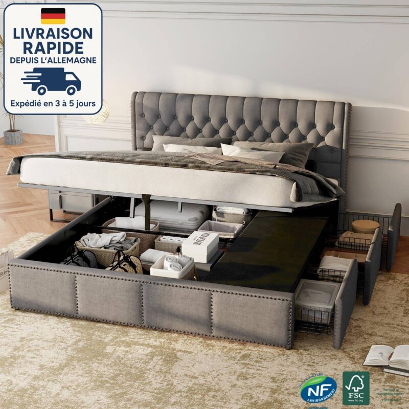 Lit coffre 3 tiroirs, lin, hydraulique, lit double sans matelas, décoration rivet, lit adultes, gris, 180x200cm
