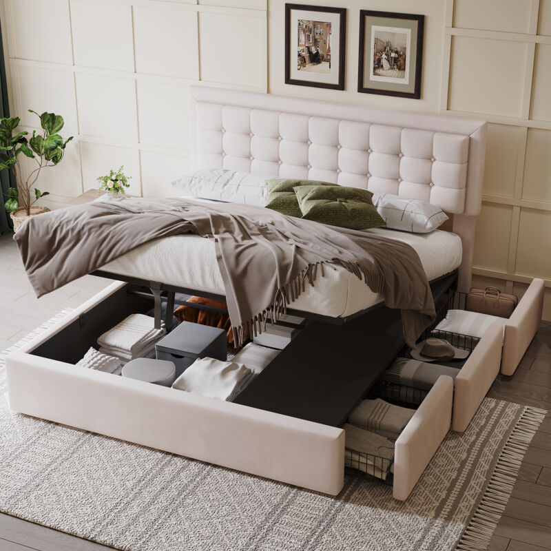 Lit coffre 3 tiroirs, tissu lin, lit double, hydraulique, lit adulte, beige, 160x200cm