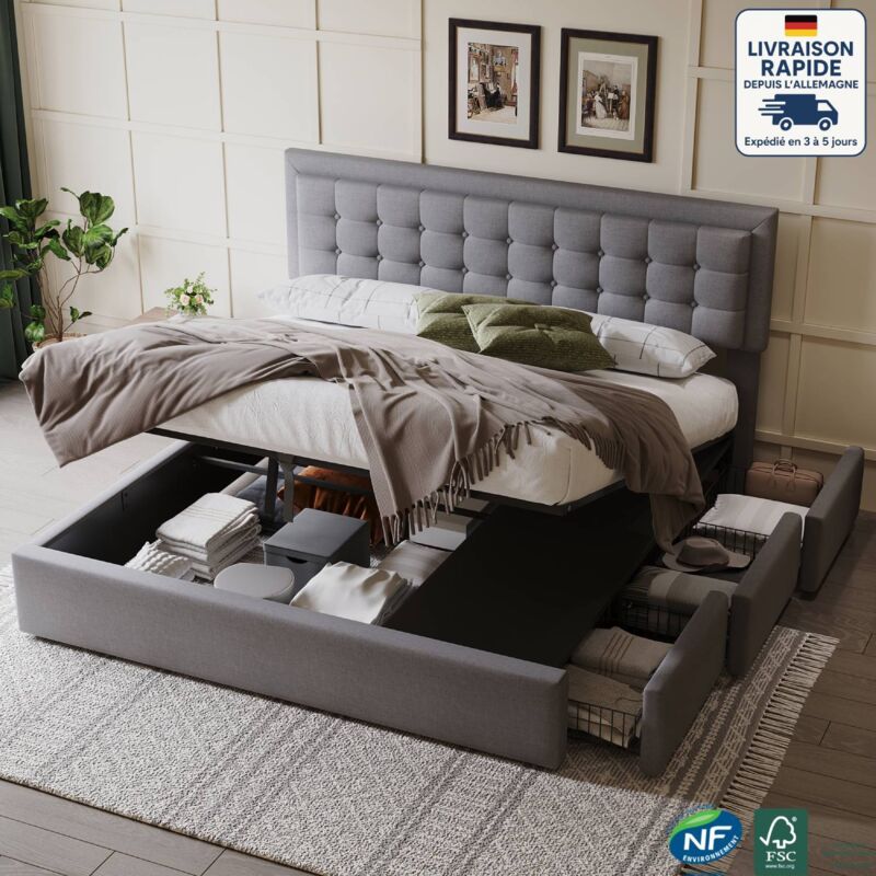 Lit coffre 3 tiroirs, tissu lin, lit double, hydraulique, lit adulte, gris, 180x200cm