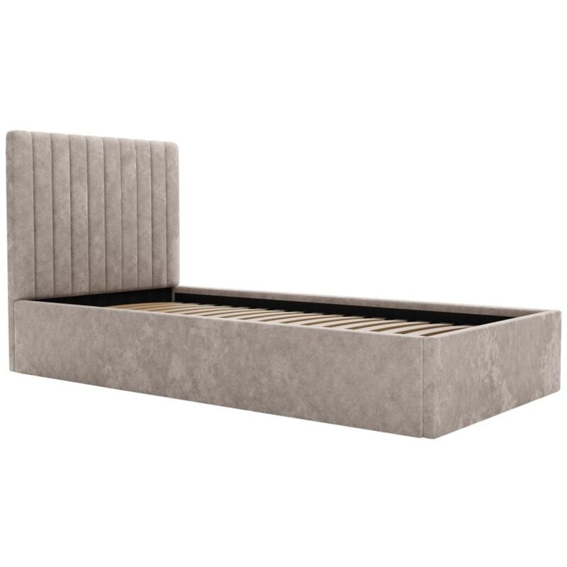 Vente-unique - Lit coffre 90 x 190 cm avec tête de lit coutures verticales - Tissu - Beige - sarah