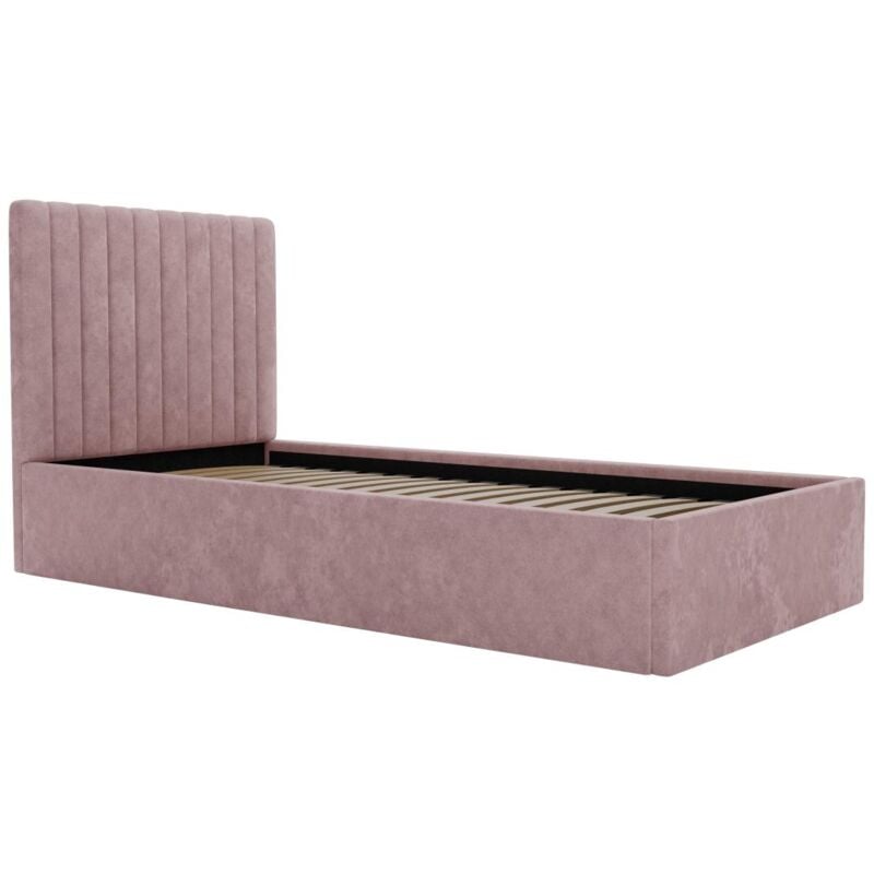 Vente-unique - Lit coffre 90 x 190 cm avec tête de lit coutures verticales - Tissu - Rose - sarah