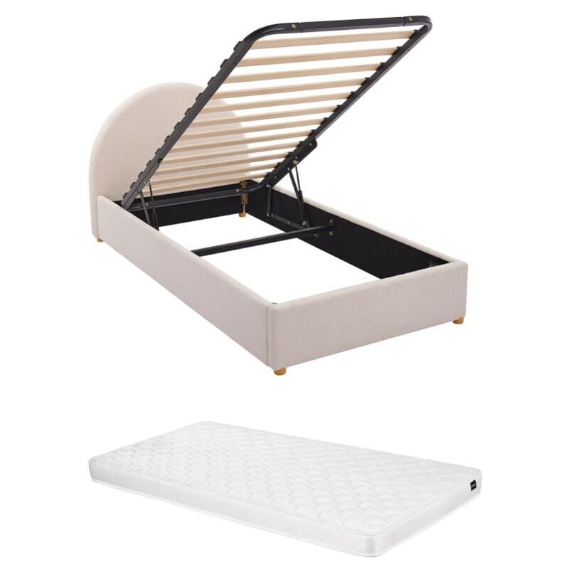 Vente-unique - Lit coffre 90 x 190 cm - Tissu bouclette - Crème + Matelas - lirimo