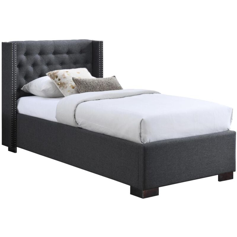 Vente-unique - Lit coffre 90 x 200 cm avec tête de lit capitonnée - Tissu - Gris - massimo
