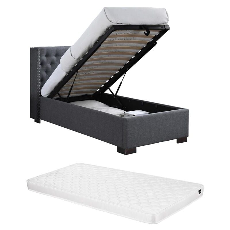 Lit coffre 90 x 200 cm avec tête de lit capitonnée - Tissu - Gris + Matelas - massimo